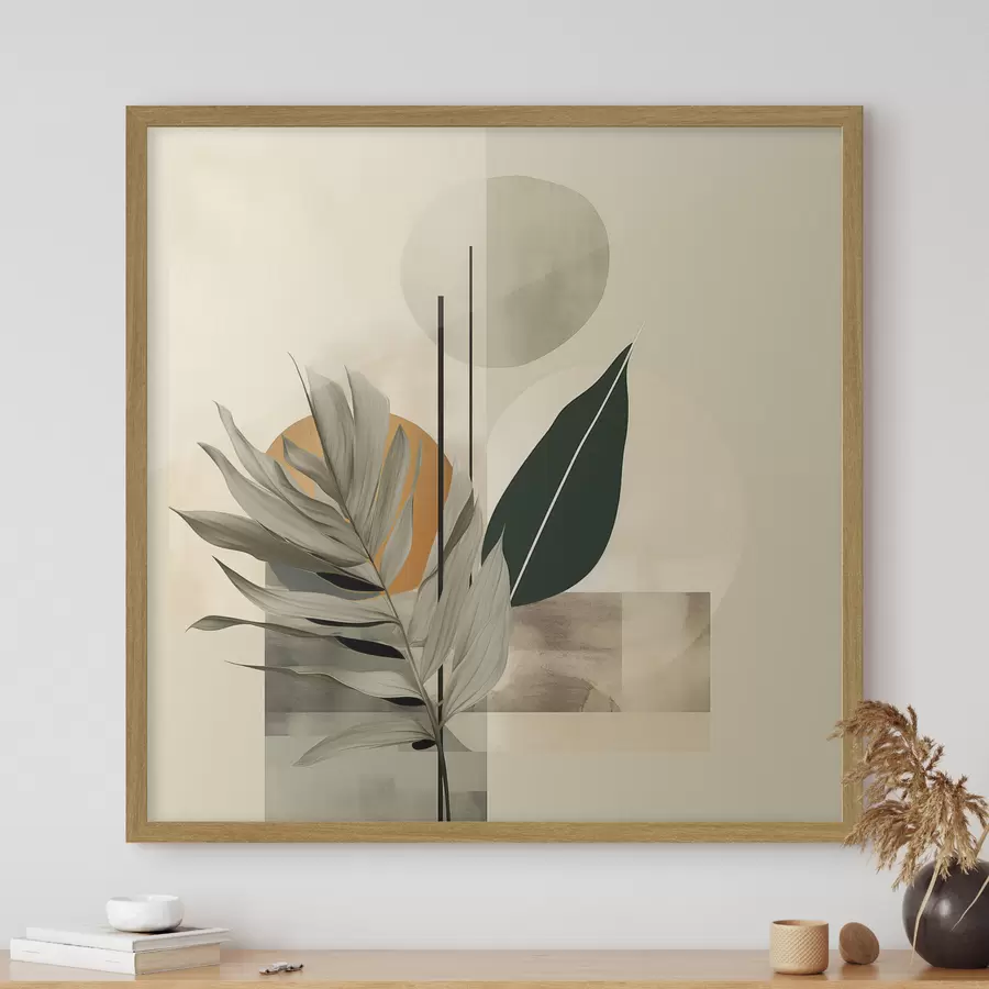 Fotobehang Een donkergroene plant met abstracte geometrische vormen en aquarelachtige texturen in beige en groen f48410