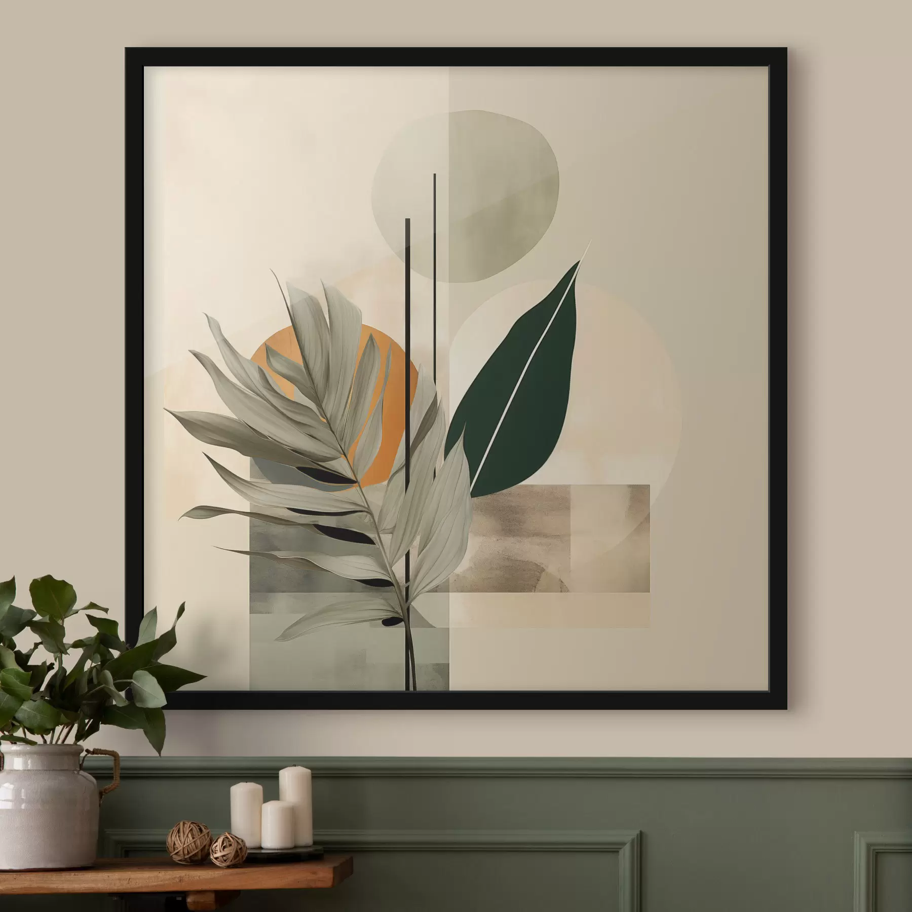 Fotobehang Een donkergroene plant met abstracte geometrische vormen en aquarelachtige texturen in beige en groen f48410