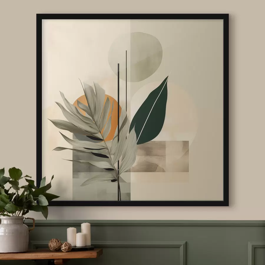 Fotobehang Een donkergroene plant met abstracte geometrische vormen en aquarelachtige texturen in beige en groen f48410