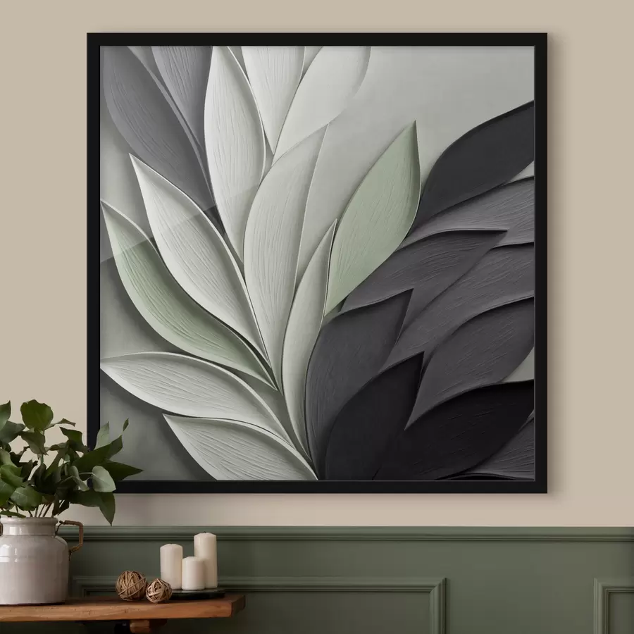 Fotobehang Abstracte, gestileerde bladeren in grijstinten, wit en gedempt groen f48411