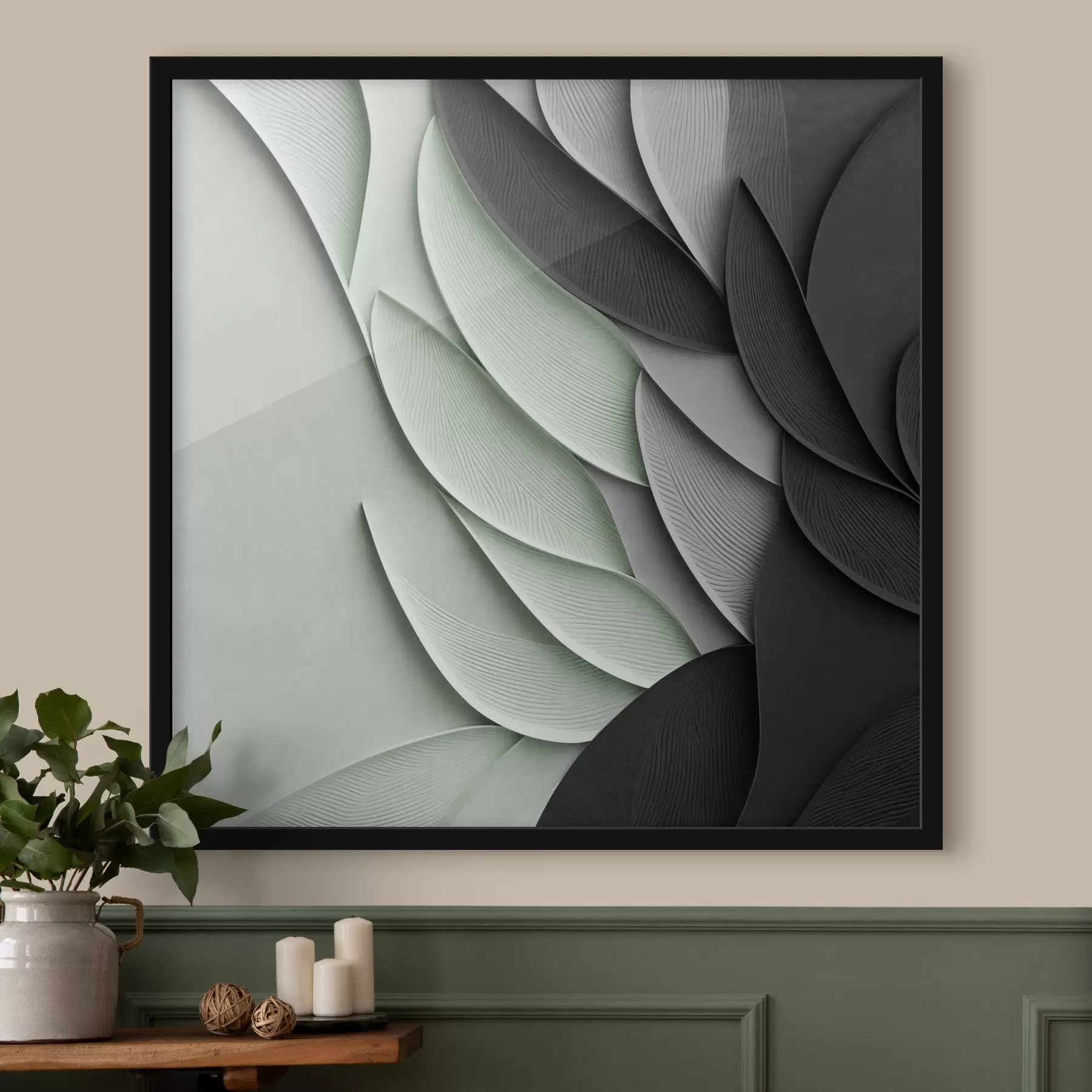 Fotobehang Abstracte, gestileerde bladeren in grijstinten, wit en gedempt groen f48412