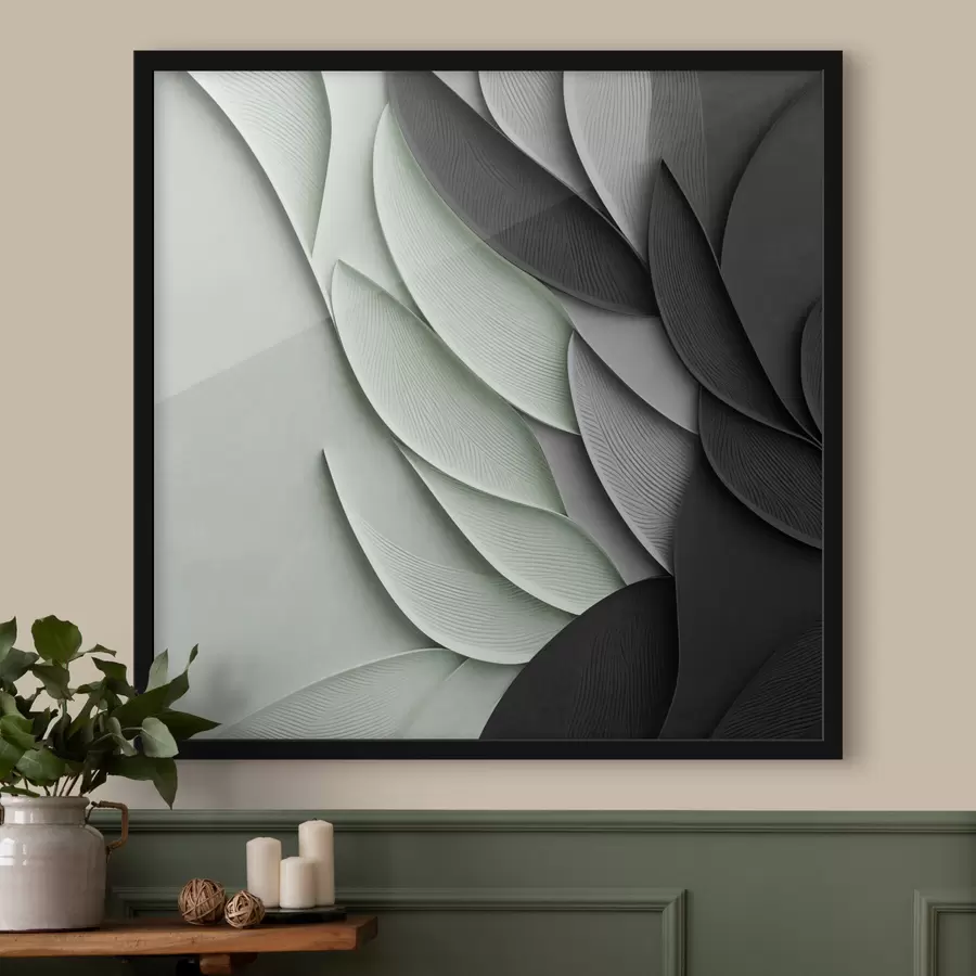Fotobehang Abstracte, gestileerde bladeren in grijstinten, wit en gedempt groen f48412