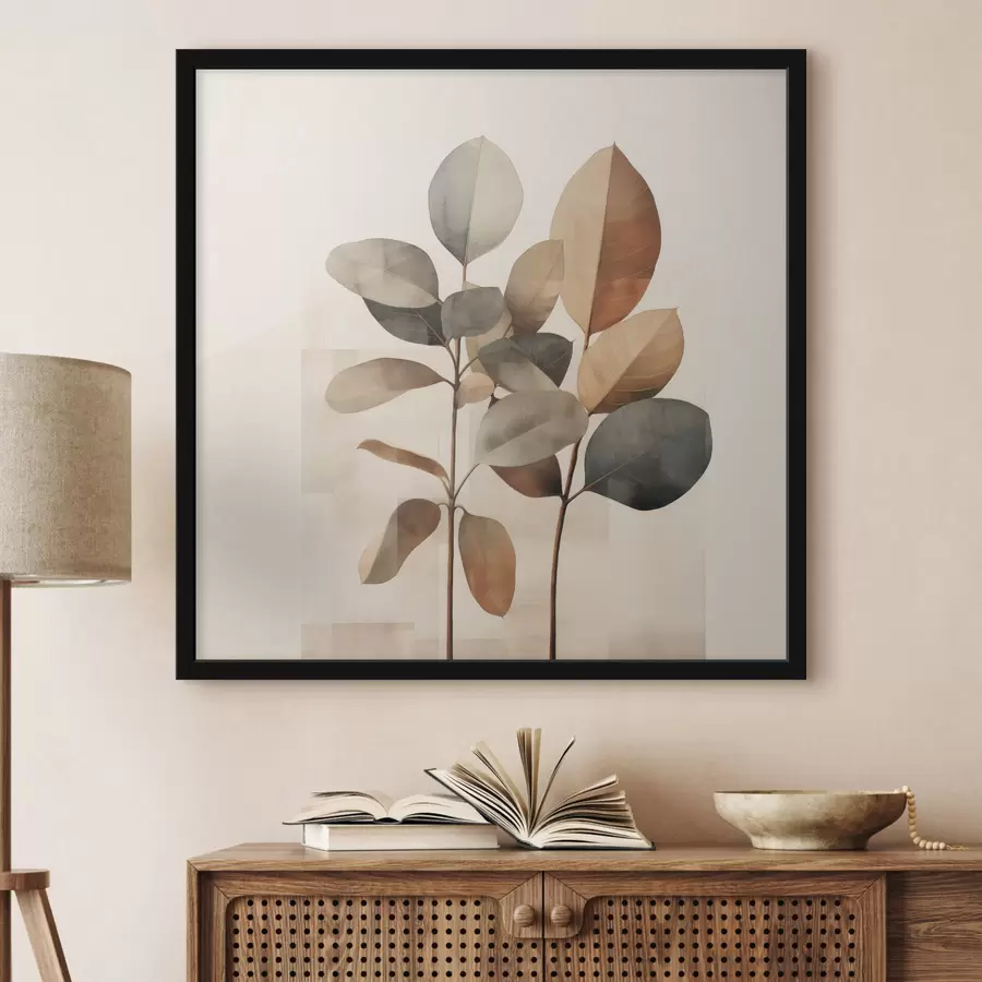 Fotobehang Hoge planten met ovale bladeren in ingetogen tinten en abstracte rechthoekige vormen f48413