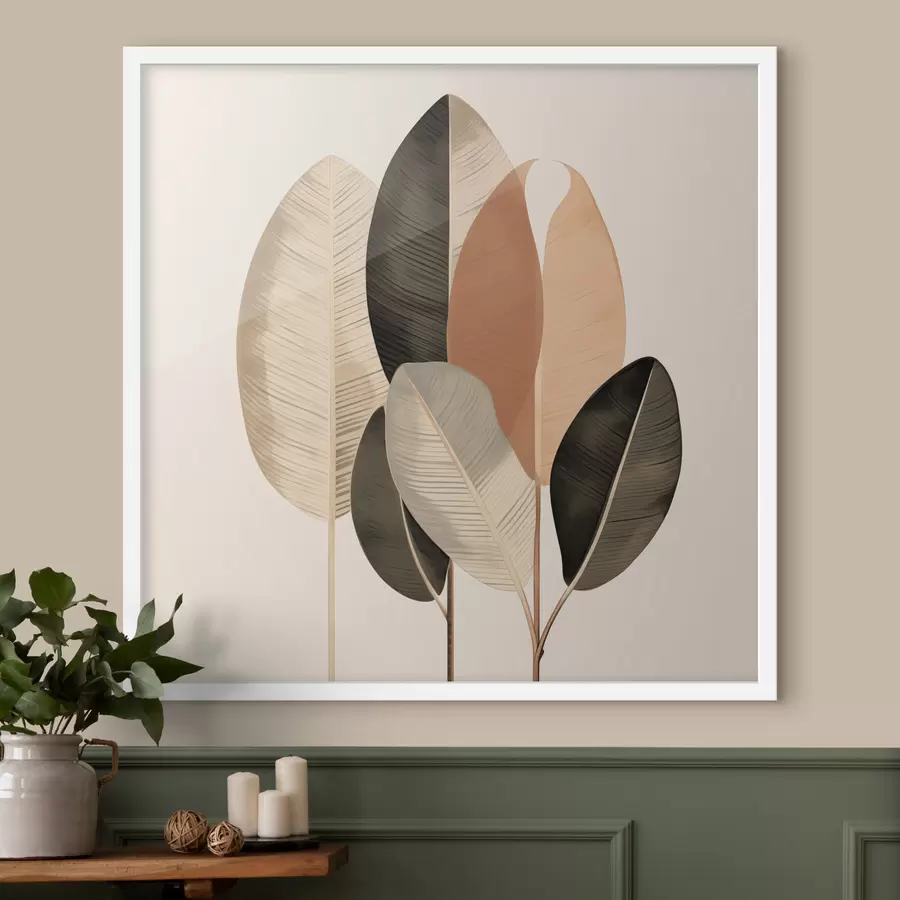 Fotobehang Hoge planten met ovale bladeren in ingetogen tinten en abstracte rechthoekige vormen f48414