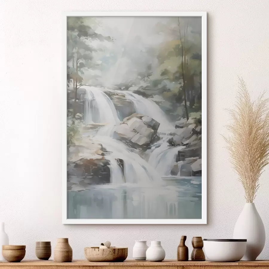 Fotobehang Waterval in het bos – schilderijimitatie f48415