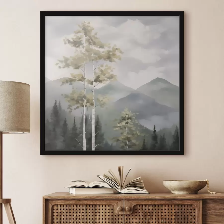 Fotobehang Bomen tegen een bergachtige achtergrond, schilderijimitatie f48421
