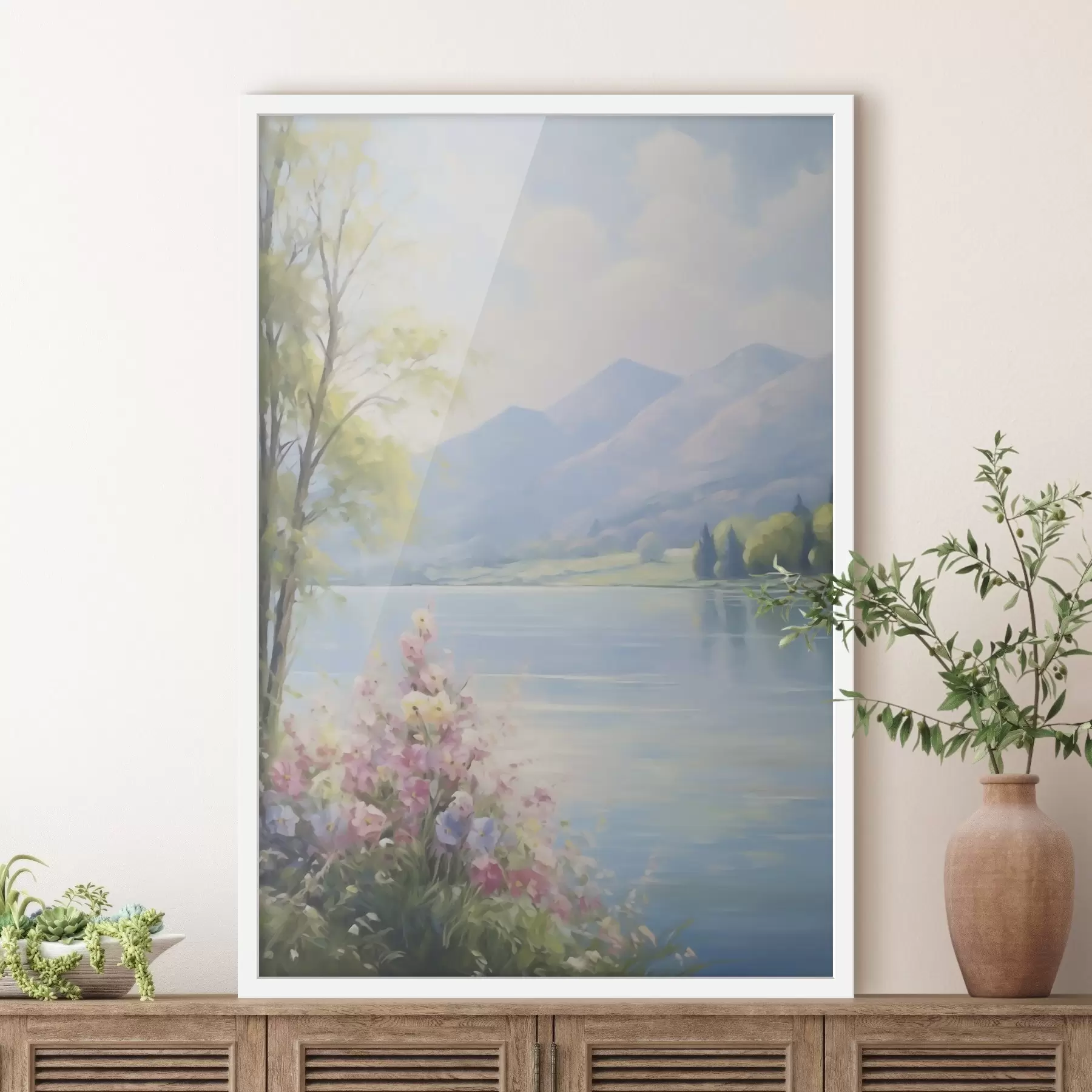 Fotobehang Landschapsschilderij met een meer f48423