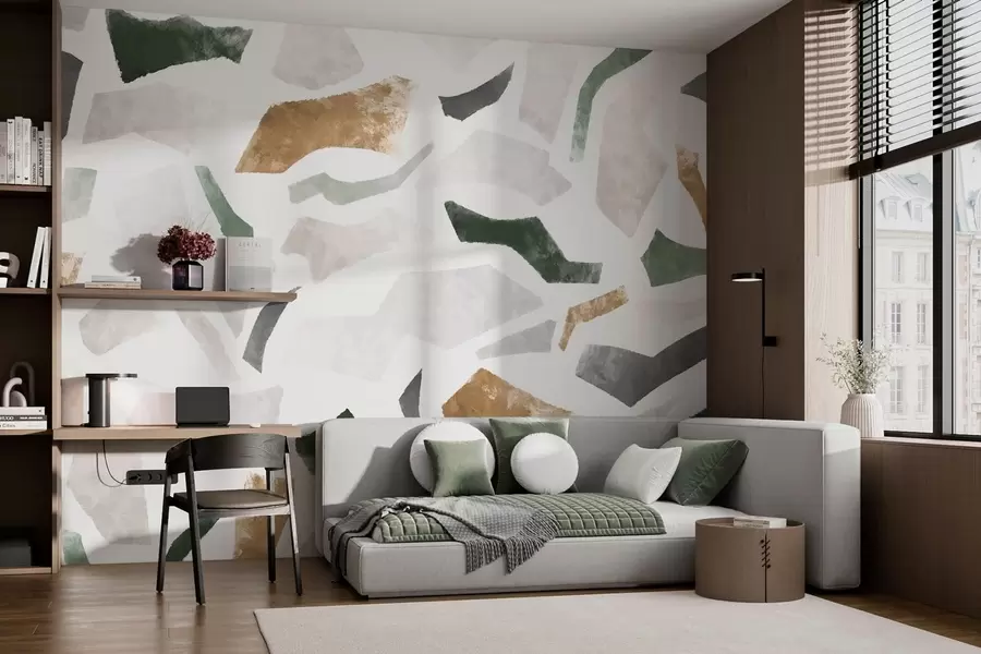 Fotobehang Fragmenten met een abstracte structuur in groene en beige tinten w05146