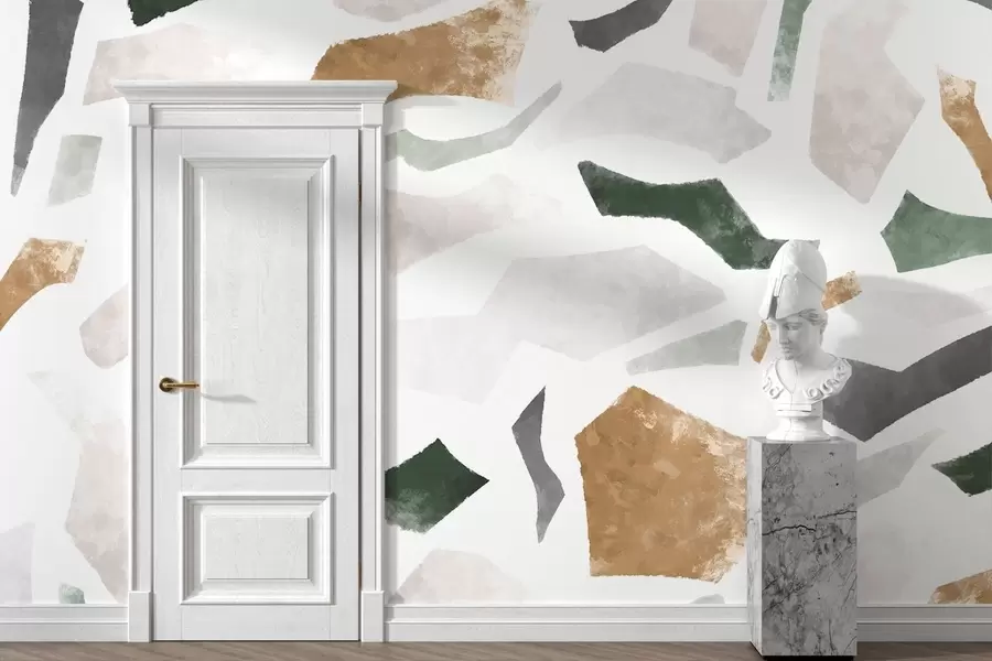 Fotobehang Fragmenten met een abstracte structuur in groene en beige tinten w05146