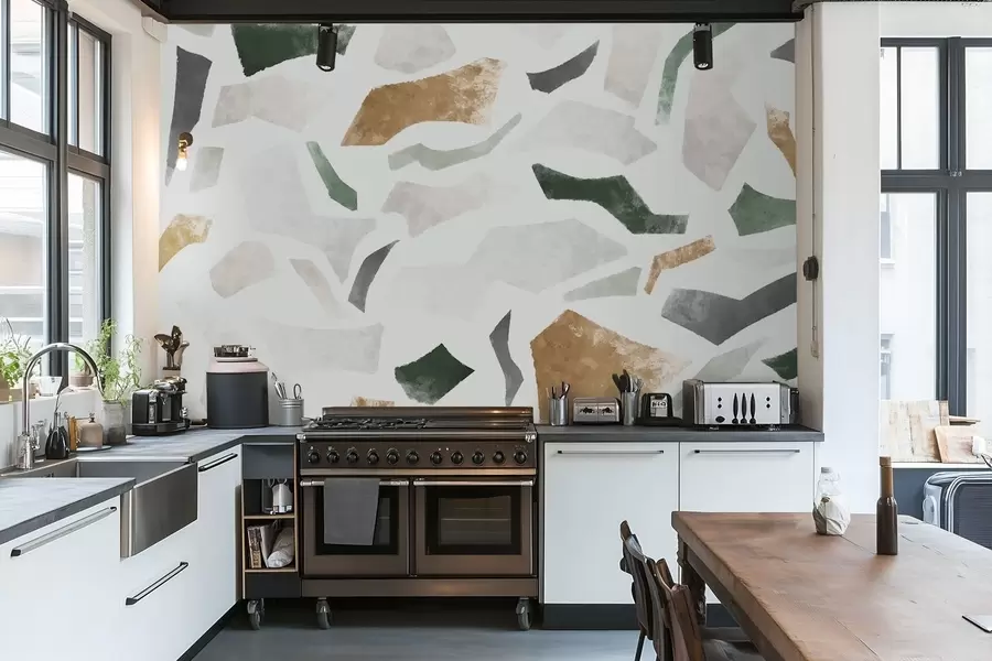 Fotobehang Fragmenten met een abstracte structuur in groene en beige tinten w05146