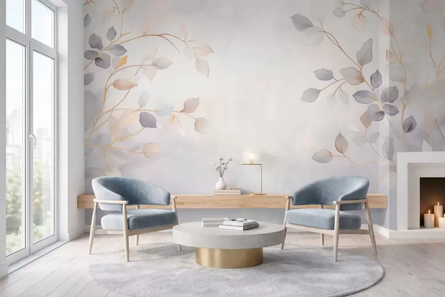 Fotobehang Fijne, bladrijke takken tegen een zacht, wazige achtergrond w05296