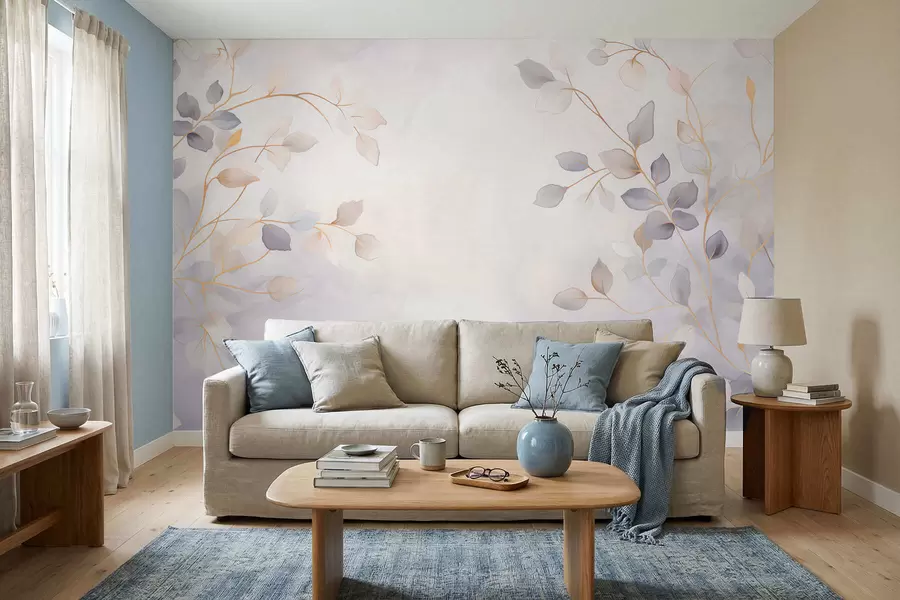 Fotobehang Fijne, bladrijke takken tegen een zacht, wazige achtergrond w05296