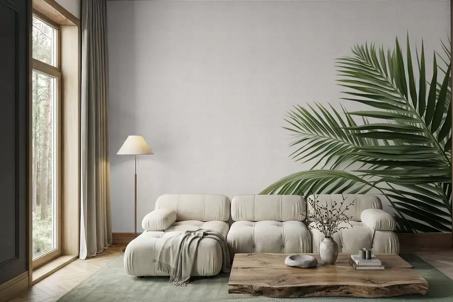 Fotobehang Groene palmbladeren op een lichte achtergrond w05391