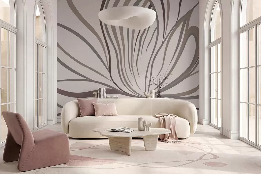 Fotobehang Abstracte bloem met lijnen in grijze en roze tinten w05392