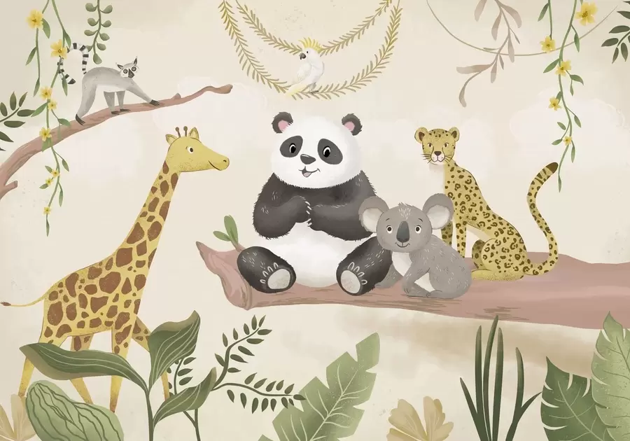 Fotobehang Schattige junglebeestjes op een tak tussen de planten w05393