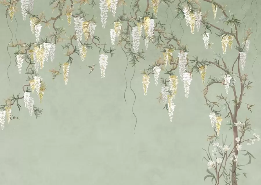 Fotobehang Bloeiende takken met witte bloesems en vogels op een groene achtergrond w05394