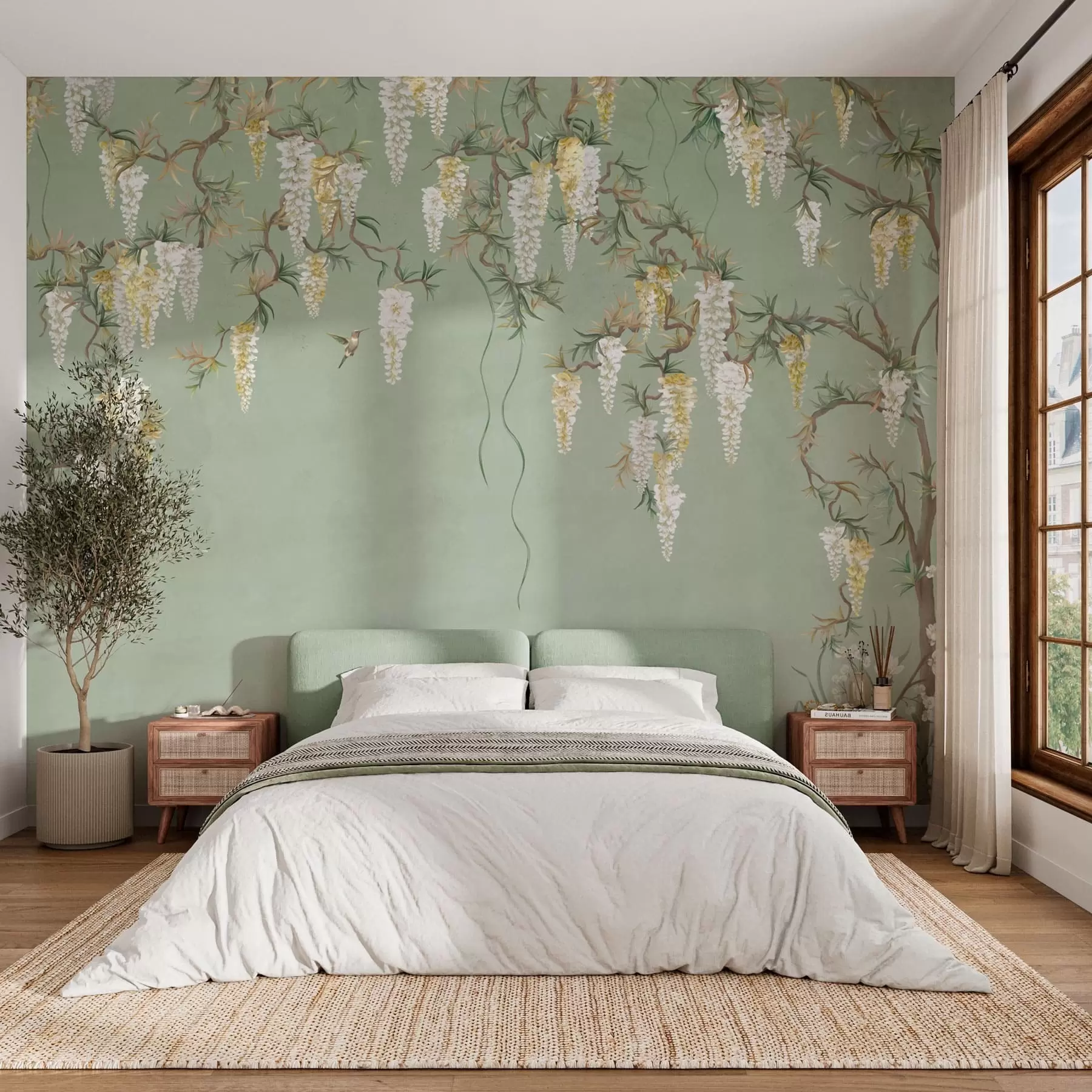 Fotobehang Bloeiende takken met witte bloesems en vogels op een groene achtergrond w05394
