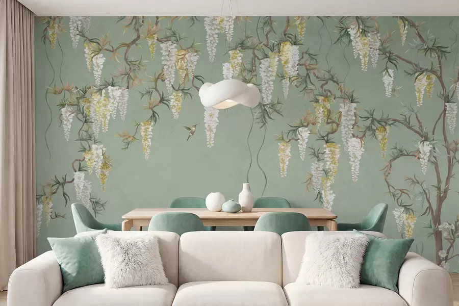 Fotobehang Bloeiende takken met witte bloesems en vogels op een groene achtergrond w05394