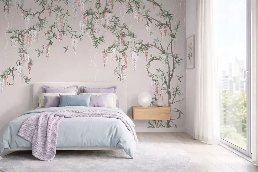 Fotobehang Bloeiende takken met roze bloesems en vogels w05394v1