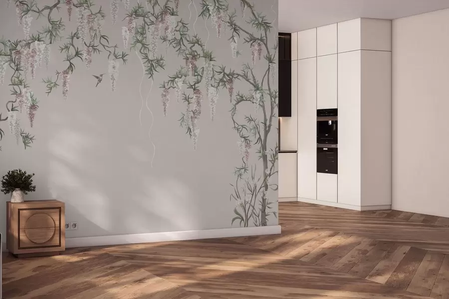 Fotobehang Bloeiende takken met roze bloesems en vogels w05394v1