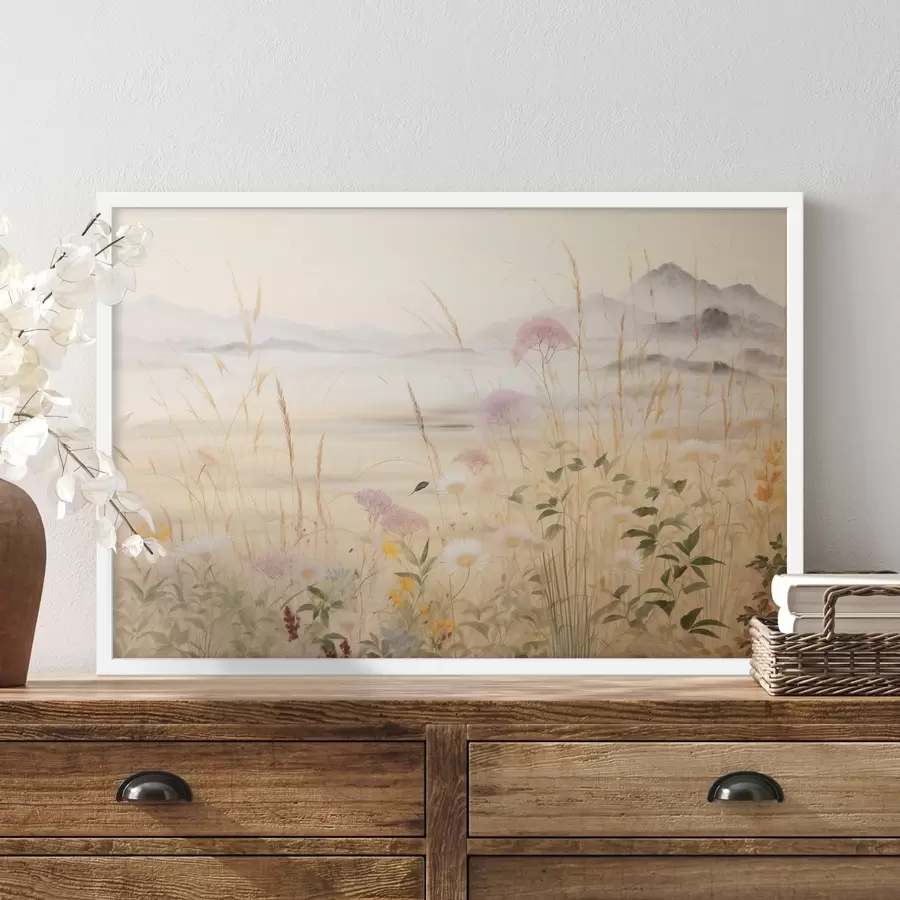 Fotobehang Beige bloemenveld, weidegrassen, delicaat landschap f48480