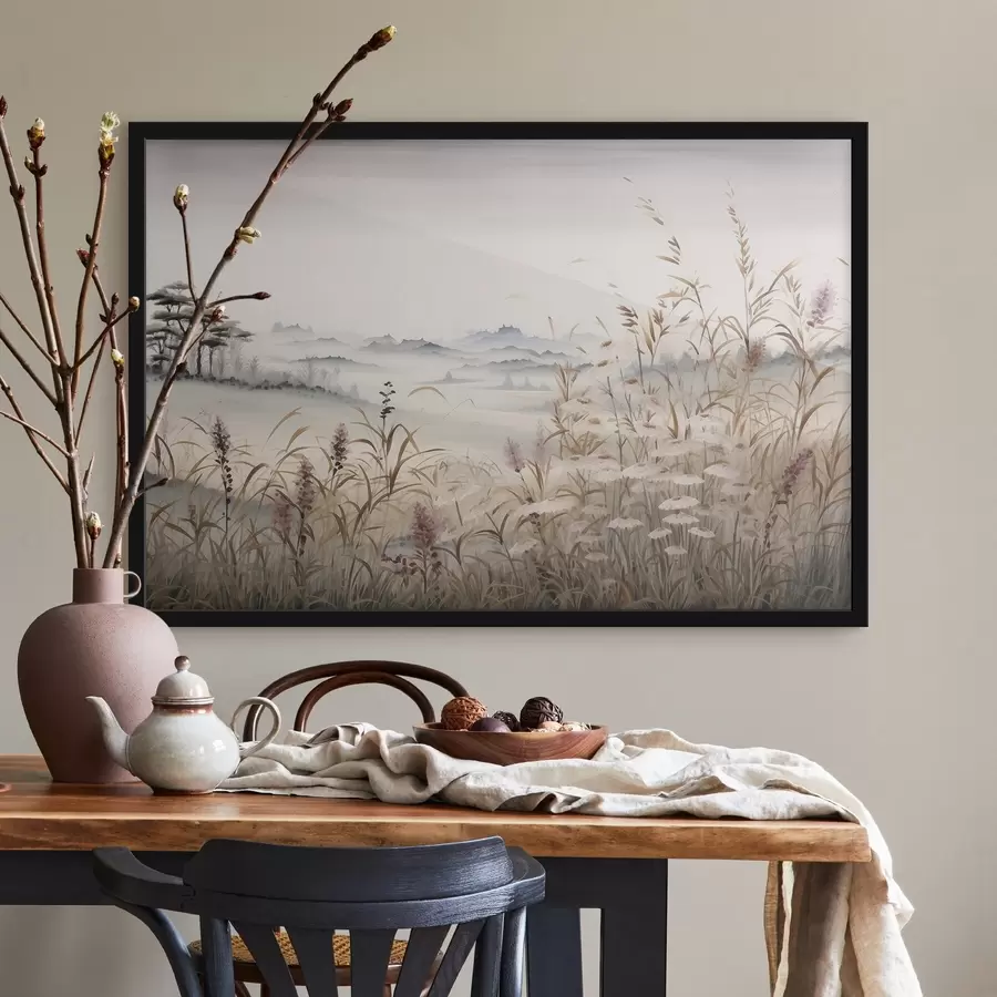 Fotobehang Mistig landschap met grassen f48481