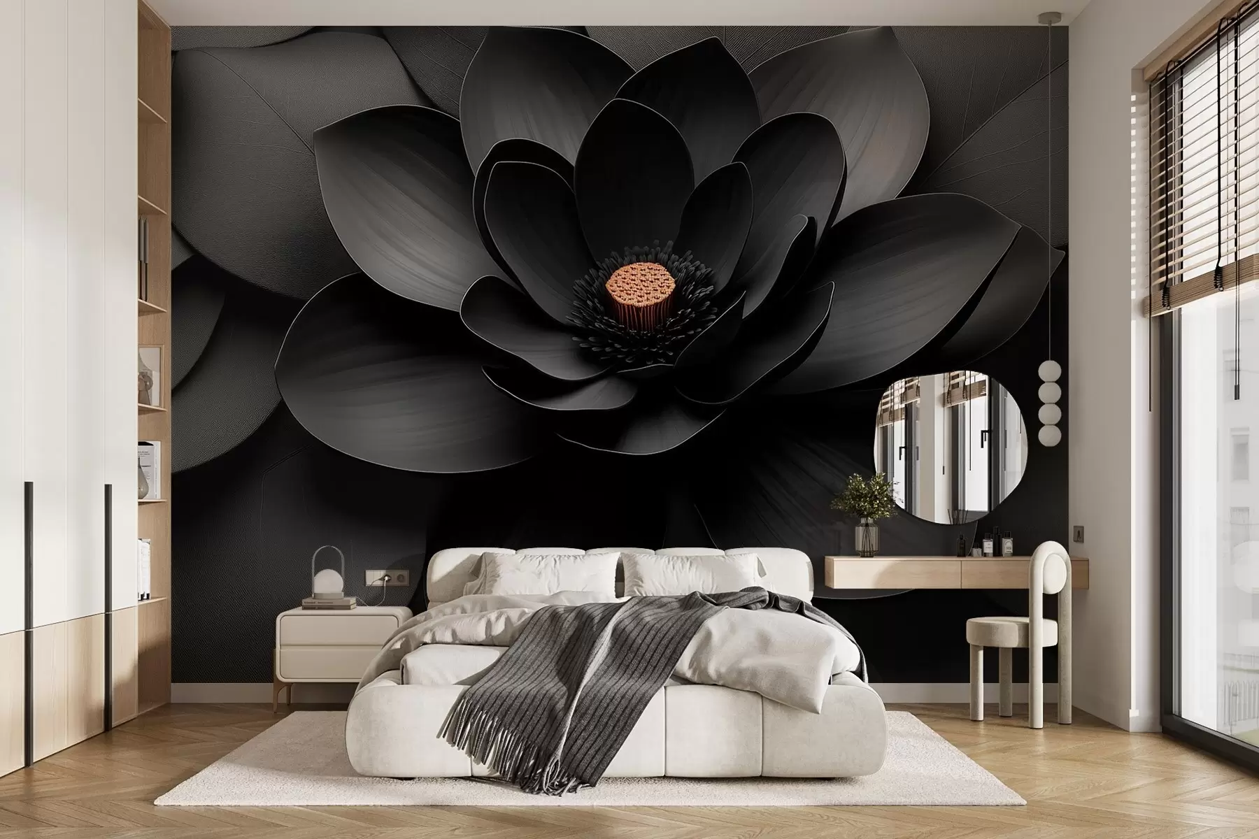 Fotobehang Minimalistische zwarte bloem met bloemblaadjes en een contrasterend warm hart w09721