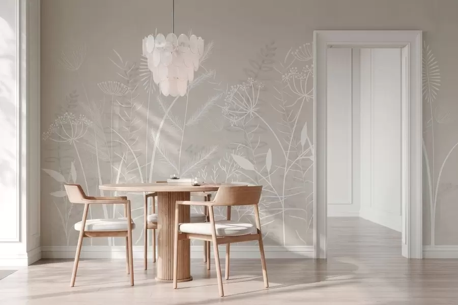 Fotobehang fijne, met de hand geschilderde wilde grassen en bloemen tegen een beige achtergrond w05383v1