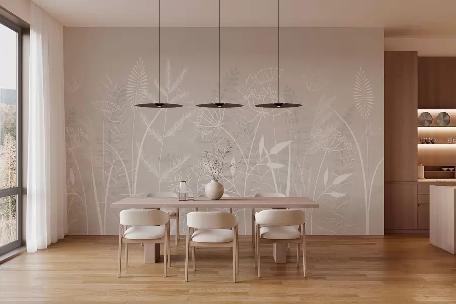 Fotobehang fijne, met de hand geschilderde wilde grassen en bloemen tegen een beige achtergrond w05383v1