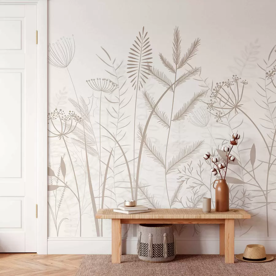 Fotobehang fijne, met de hand geschilderde wilde grassen en bloemen tegen een witte achtergrond w05383v2