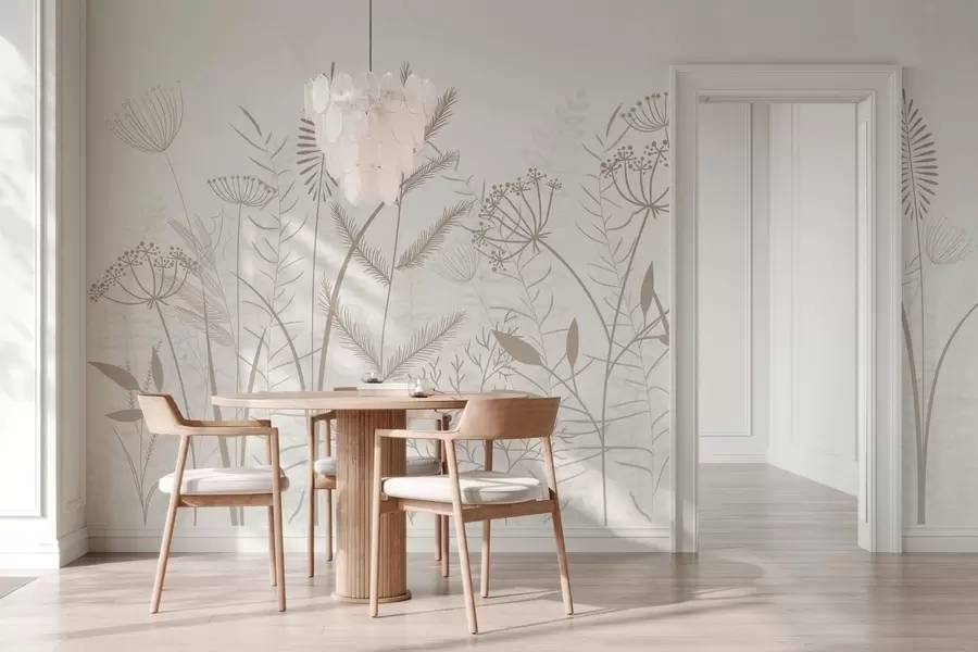 Fotobehang fijne, met de hand geschilderde wilde grassen en bloemen tegen een witte achtergrond w05383v2