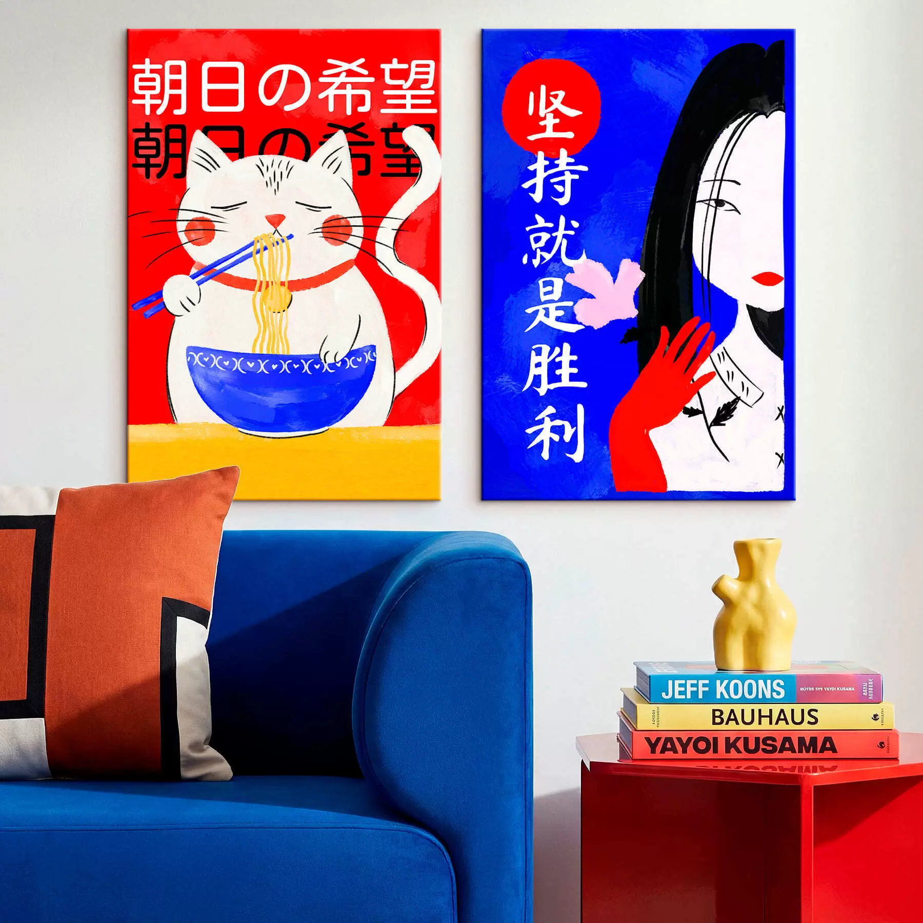  Schilderijen Tweeluik met een kat en een vrouwenportret in een gedurfde stijl m30233