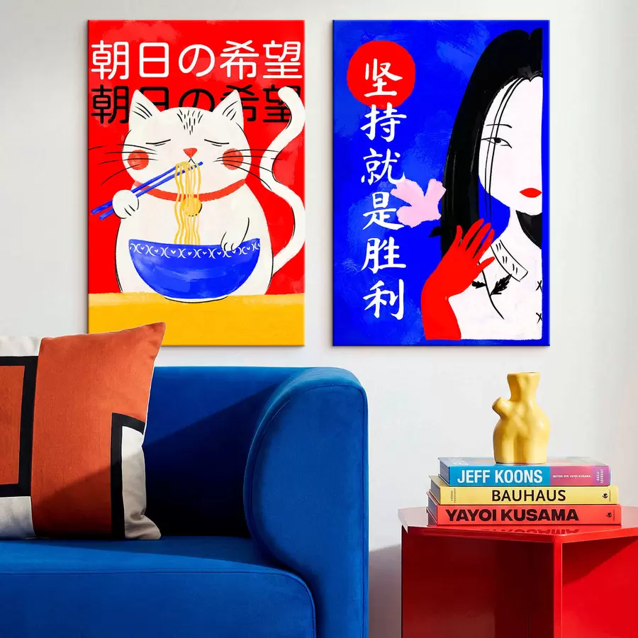  Schilderijen Tweeluik met een kat en een vrouwenportret in een gedurfde stijl m30233