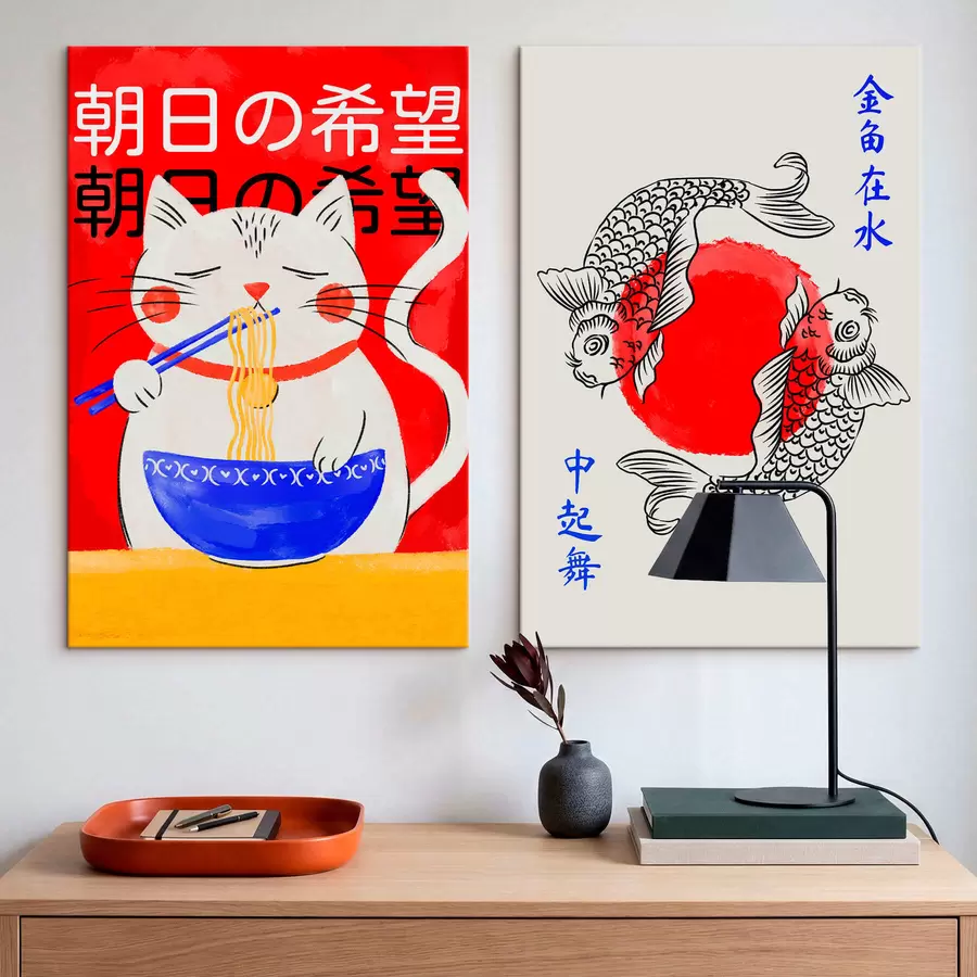  Schilderijen Tweeluik met een vrouwenportret en decoratieve vissen m30234