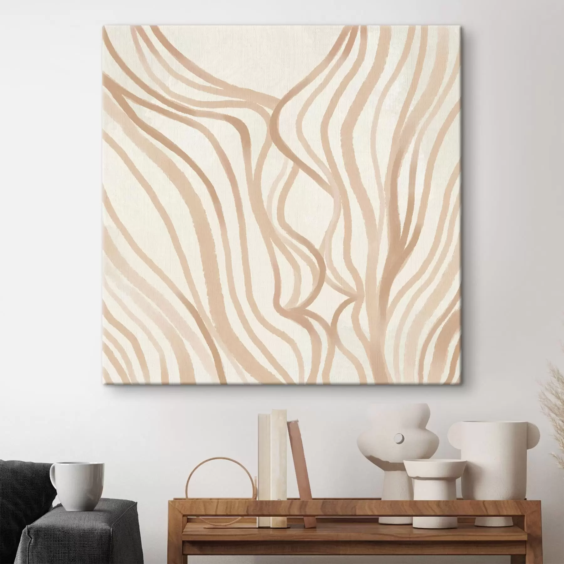  Schilderijen Abstracte golvende lijnen in beige tinten s48027