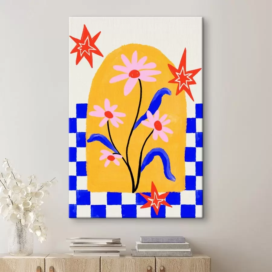  Schilderijen Felle bloemen op een gele achtergrond met een blauw patroon s48034