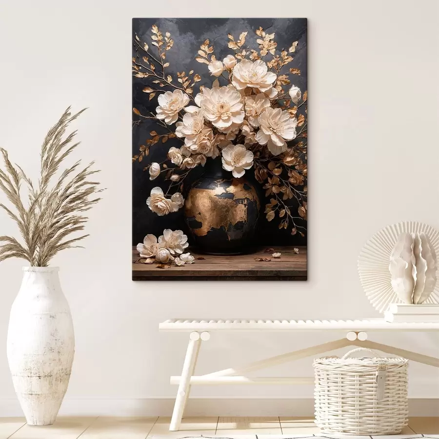  Schilderijen Lichte bloemen in een vaas met decoratieve bladeren s48356
