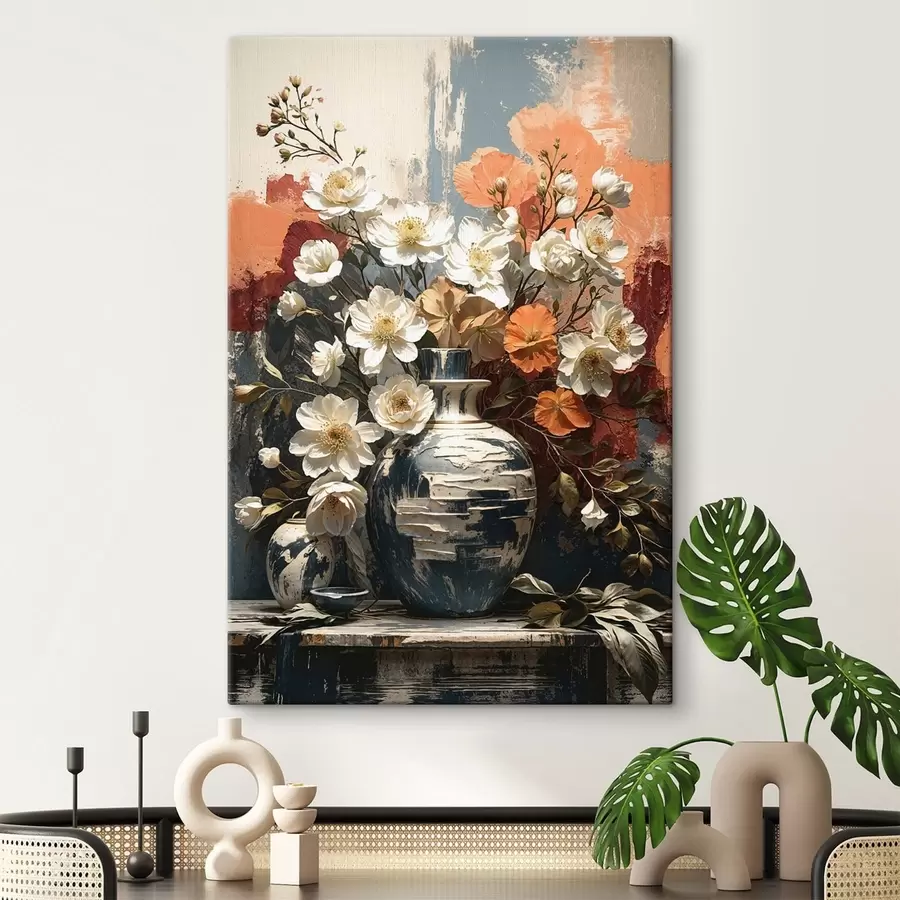  Schilderijen Bloemen in vazen tegen een muur met structuur s48360