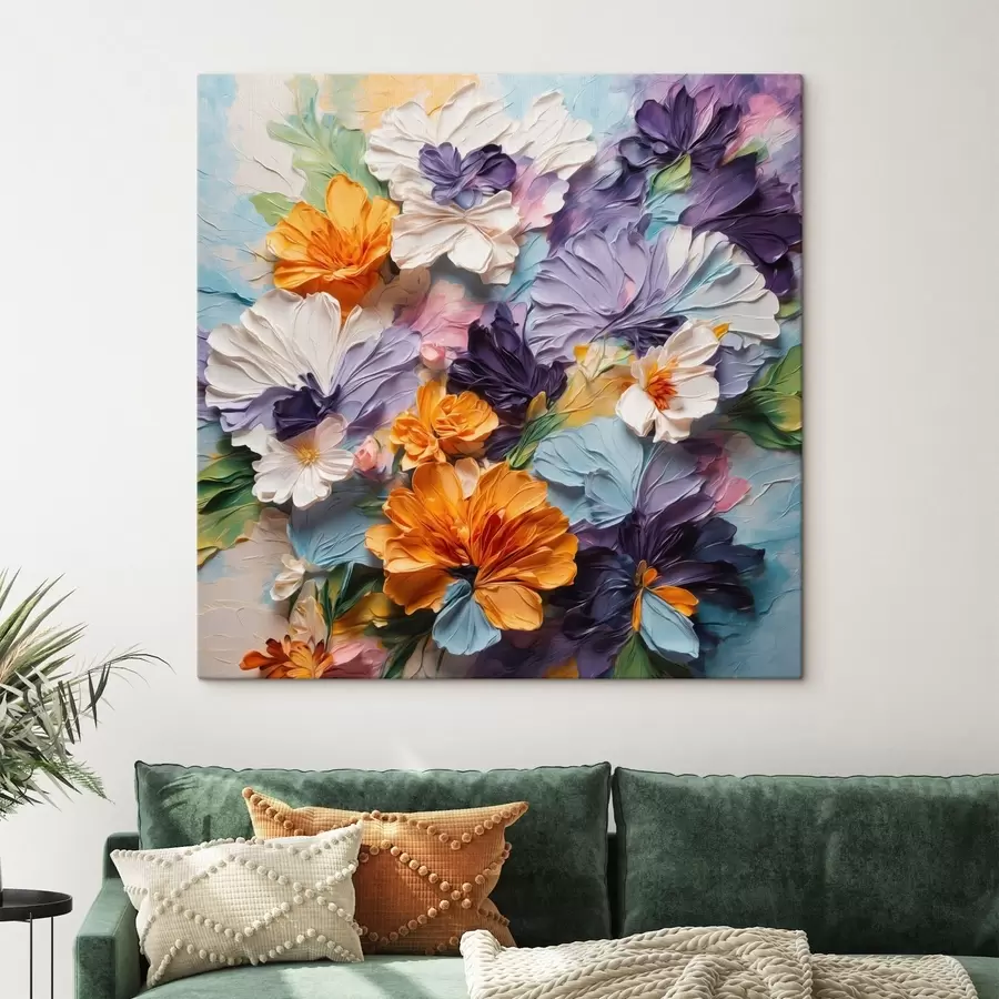  Schilderijen Levendige bloemen met textuur op een pastelkleurige achtergrond s48363