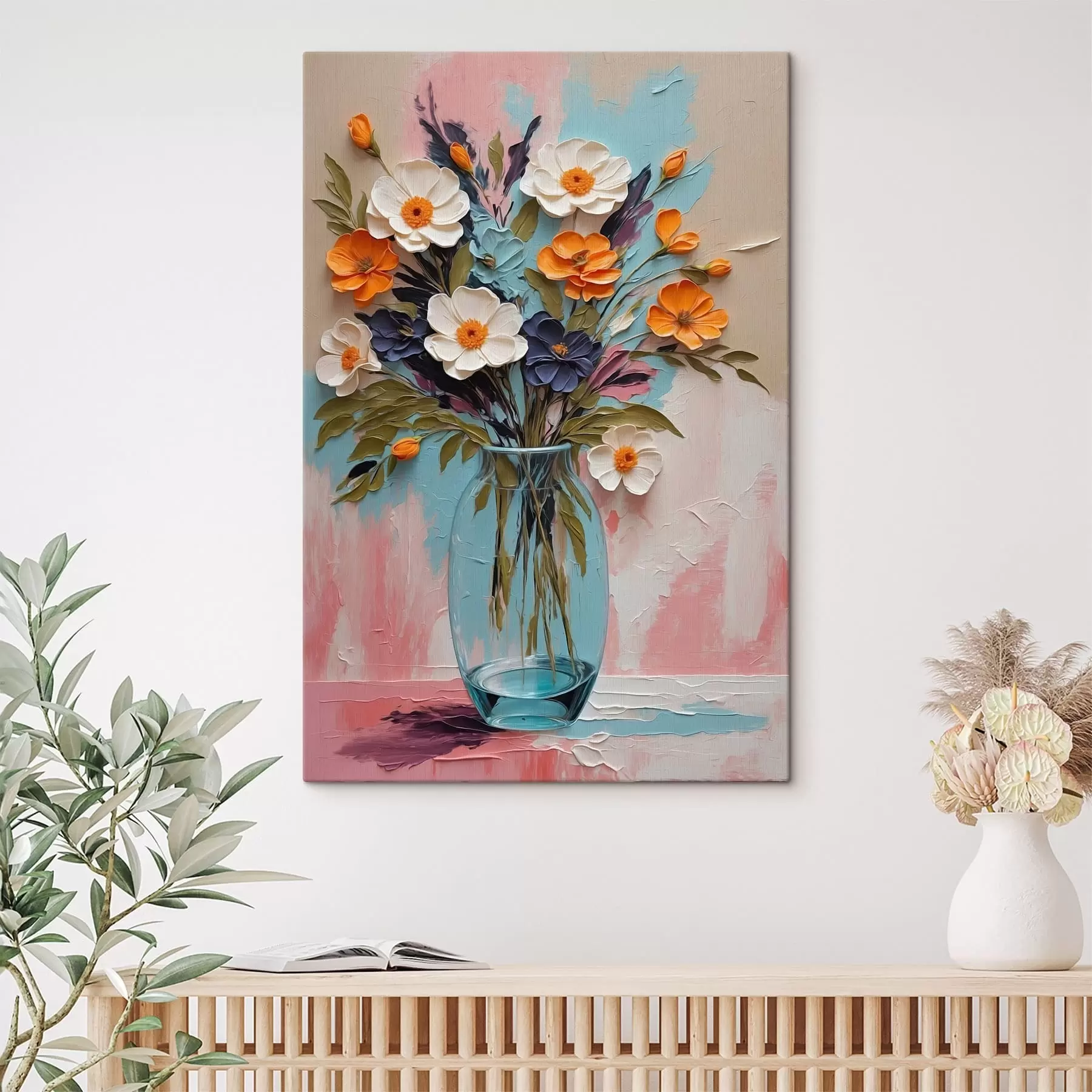  Schilderijen Bloemenboeket in een glazen vaas tegen een kleurrijke achtergrond s48488