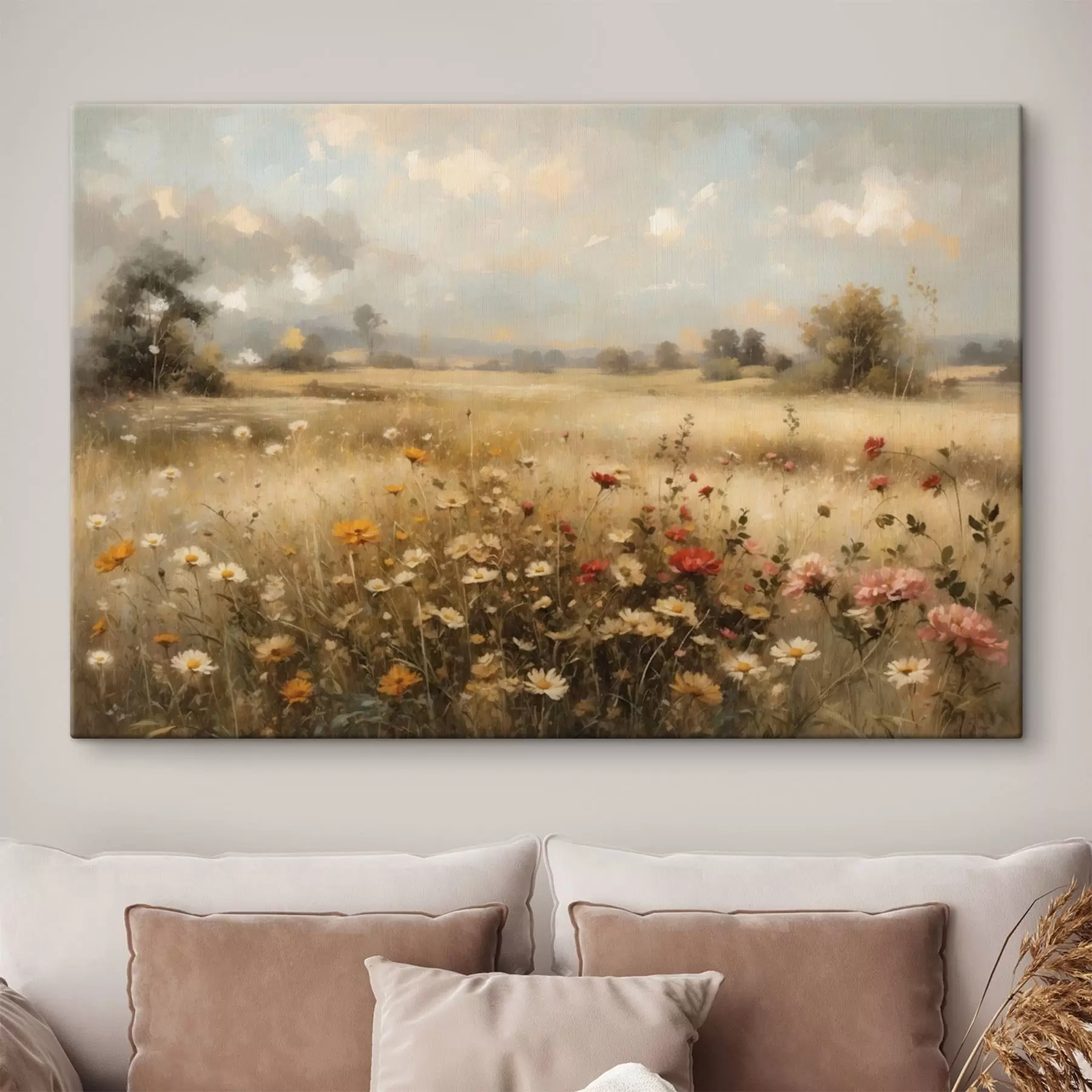 Fotobehang Een veld met wilde bloemen in zacht licht s48491