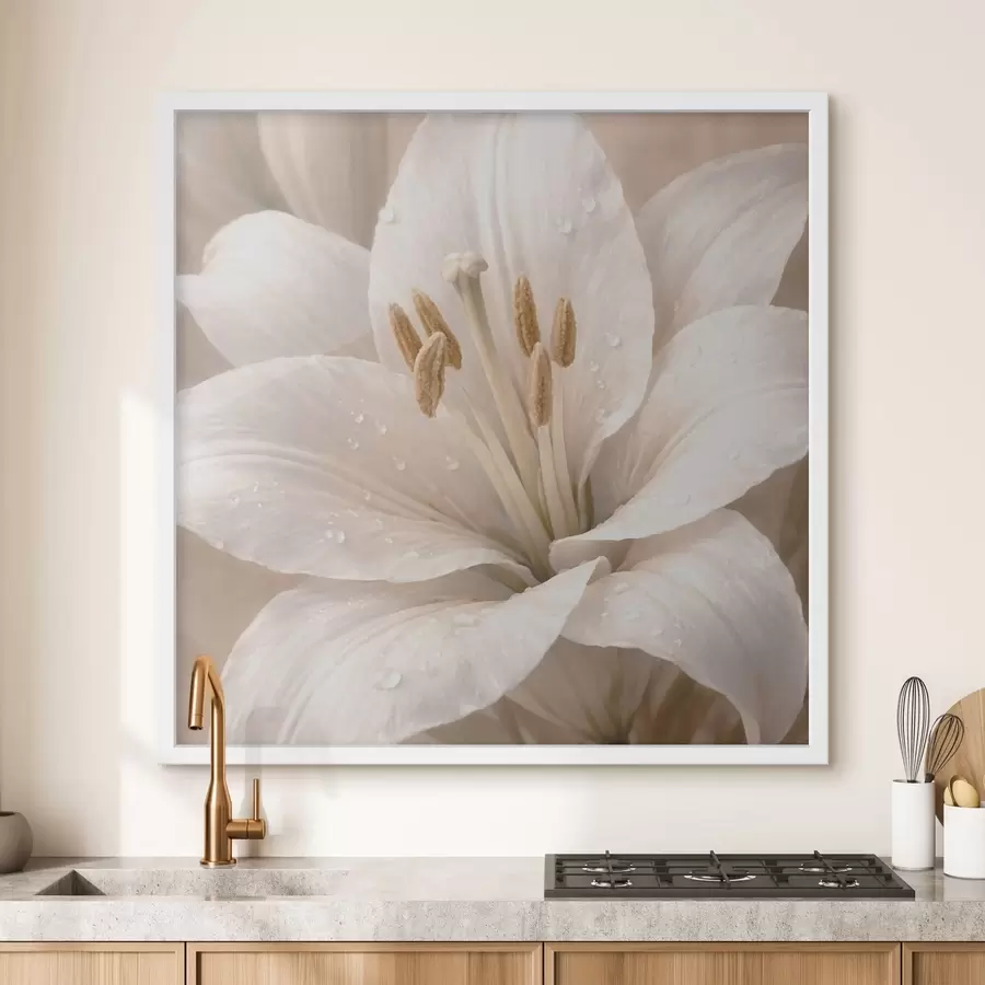 Fotobehang Close-up van een witte bloem met waterdruppels f48028