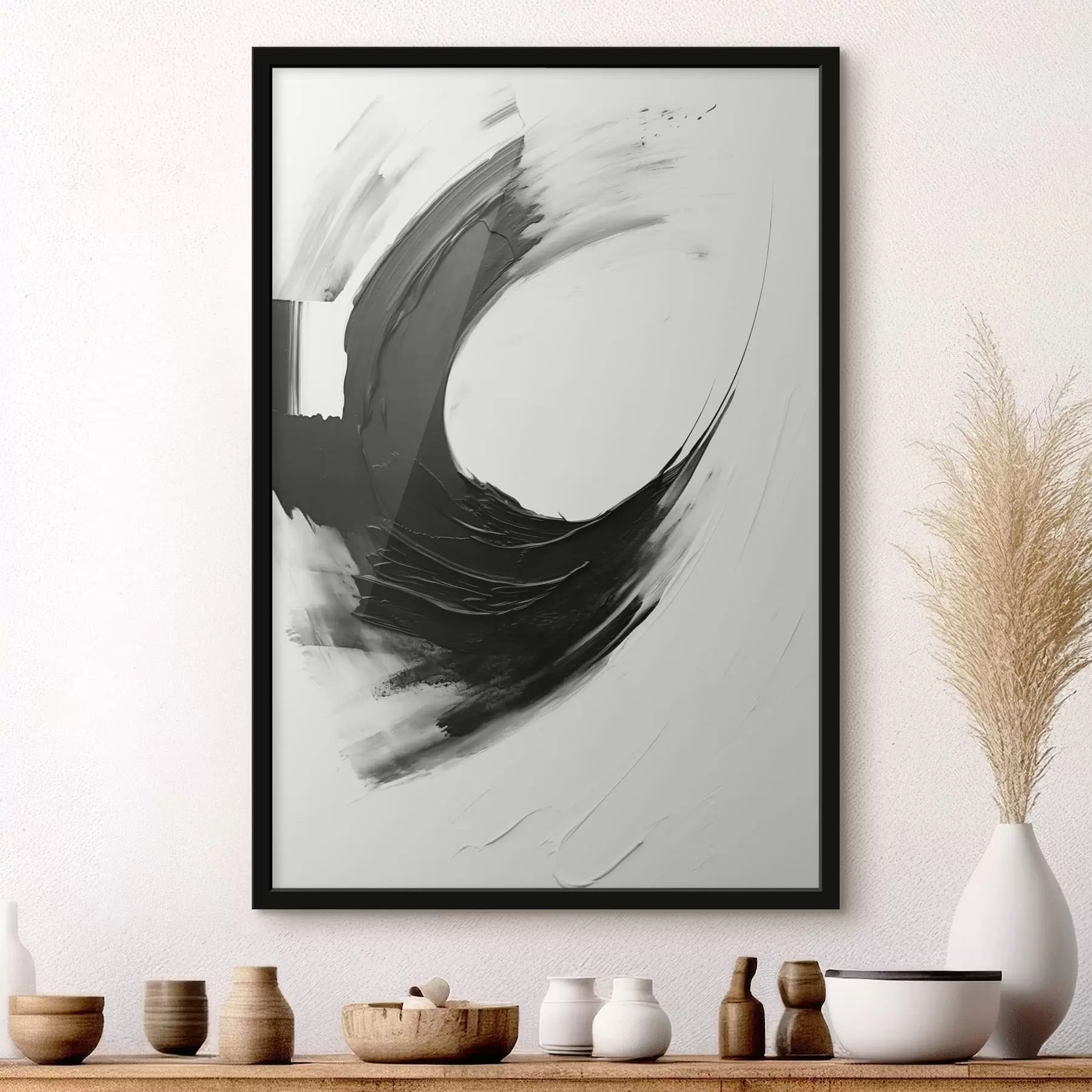  Schilderijen Abstracte zwarte penseelstreek op een lichte achtergrond f48340