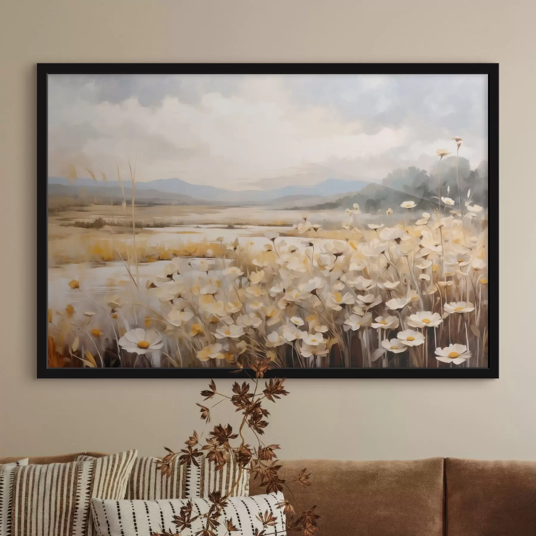 Fotobehang Wilde bloemen aan het water, geschilderd in een zachte, schilderachtige stijl f48354