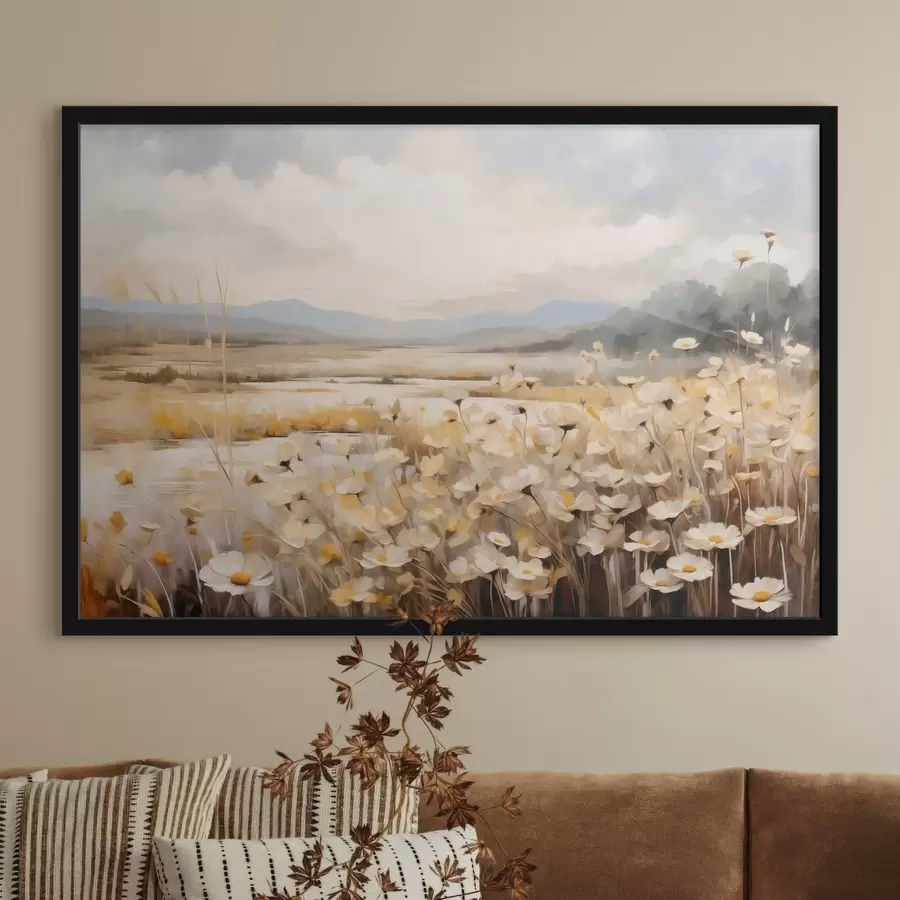 Fotobehang Wilde bloemen aan het water, geschilderd in een zachte, schilderachtige stijl f48354