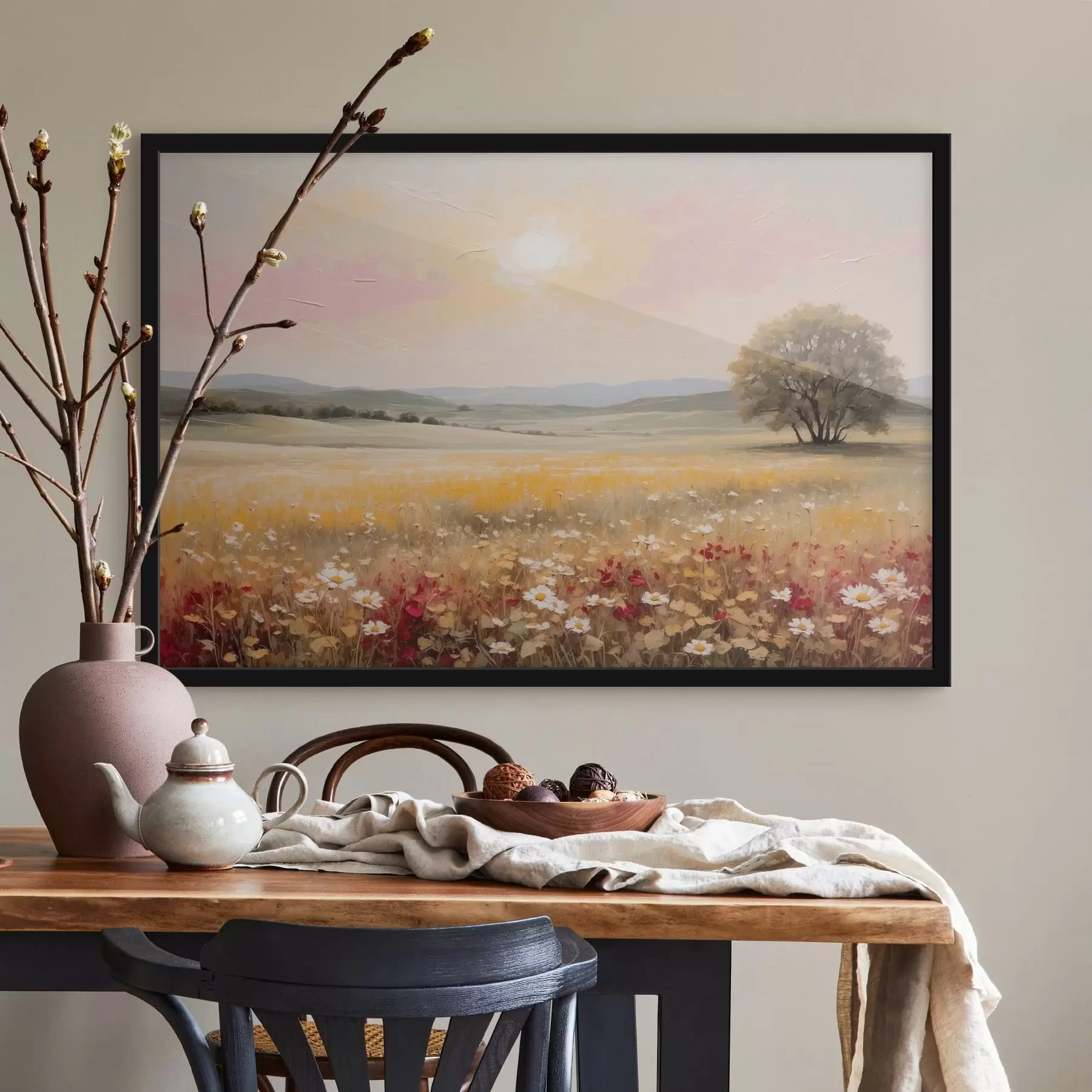 Fotobehang Landschap met een bloemenveld en een boom aan de horizon f48355