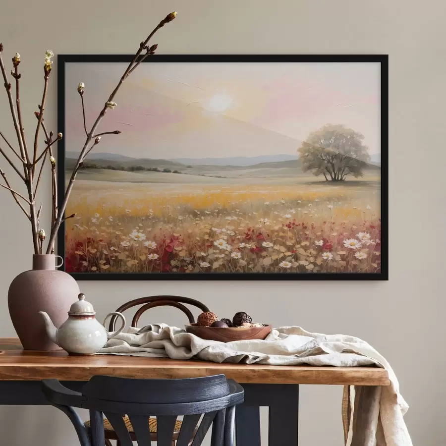 Fotobehang Landschap met een bloemenveld en een boom aan de horizon f48355