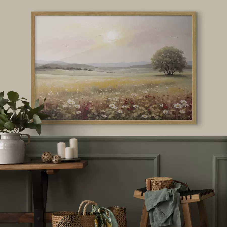Fotobehang Landschap met een bloemenveld en een boom aan de horizon f48355