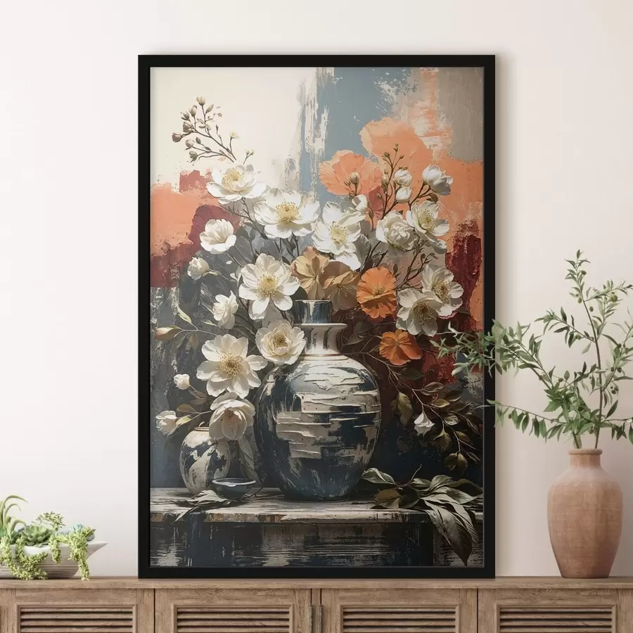 Fotobehang Bloemen in vazen tegen een muur met structuur f48360