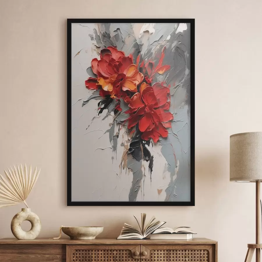 Fotobehang Rode bloemen met gestructureerde lijnen op een lichte achtergrond f48365